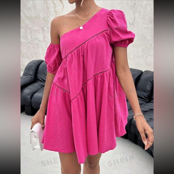 Asymmetrical Neck Puff Sleeve Smock Dress - Picture 2 of 4